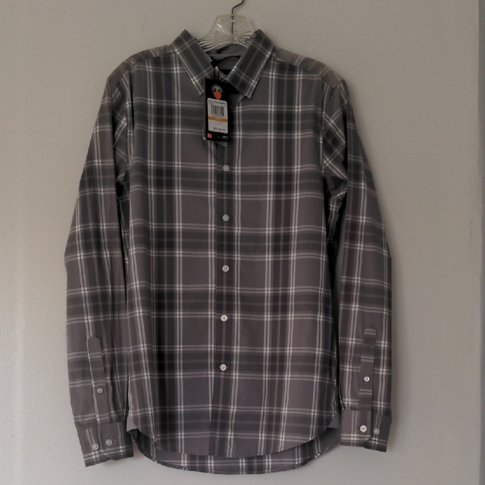 NWT Under Armour Shirt Men's Small Plaid Grey White Fitted Long Sleeve Light